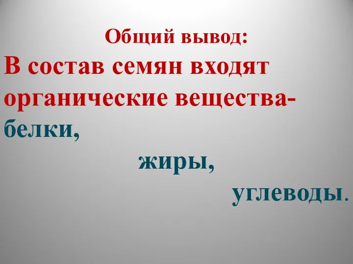 Общий вывод: В состав семян входят органические вещества- белки, жиры, углеводы.