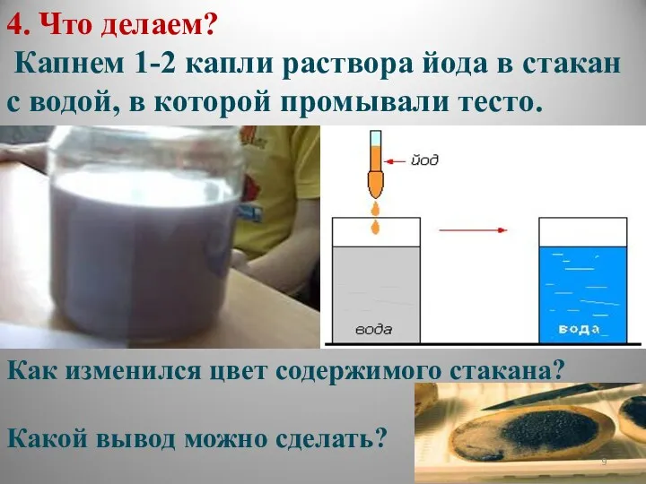 4. Что делаем? Капнем 1-2 капли раствора йода в стакан