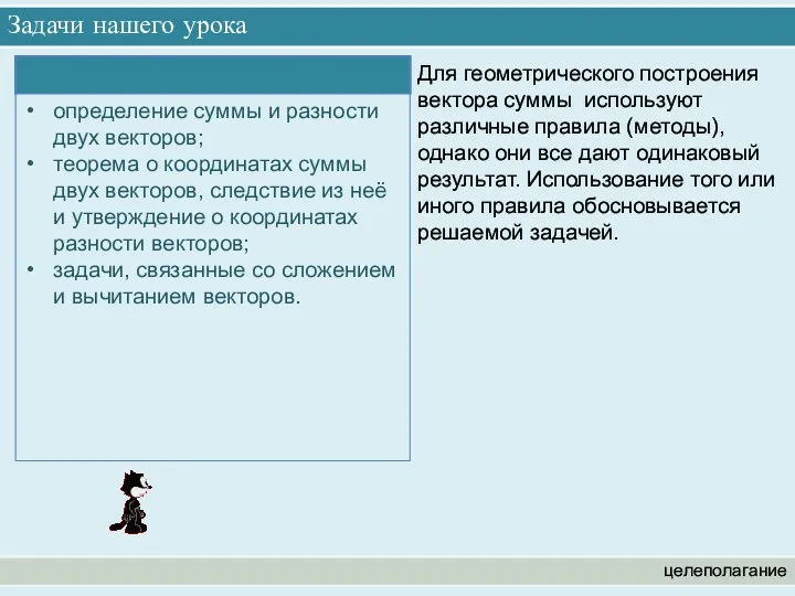 Задачи нашего урока целеполагание Для геометрического построения вектора суммы используют