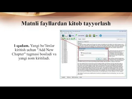 Matnli fayllardan kitob tayyorlash 1-qadam. Yangi boʼlimlar kiritish uchun "Add