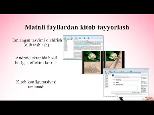 Matnli fayllardan kitob tayyorlash Tanlangan tasvirni oʼchirish (olib tashlash) Android