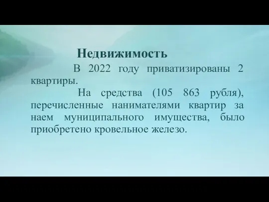 Недвижимость В 2022 году приватизированы 2 квартиры. На средства (105