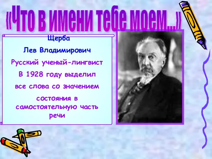 «Что в имени тебе моем…» Щерба Лев Владимирович Русский ученый-лингвист