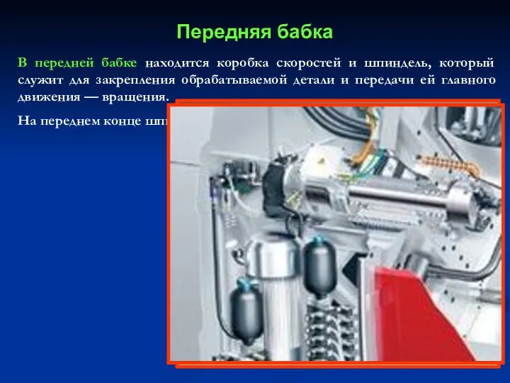 В передней бабке находится коробка скоростей и шпиндель, который служит