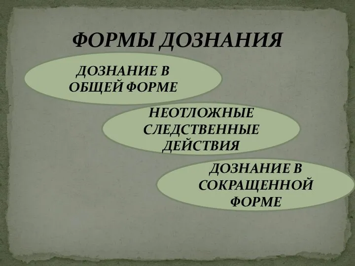 ФОРМЫ ДОЗНАНИЯ ДОЗНАНИЕ В ОБЩЕЙ ФОРМЕ НЕОТЛОЖНЫЕ СЛЕДСТВЕННЫЕ ДЕЙСТВИЯ ДОЗНАНИЕ В СОКРАЩЕННОЙ ФОРМЕ