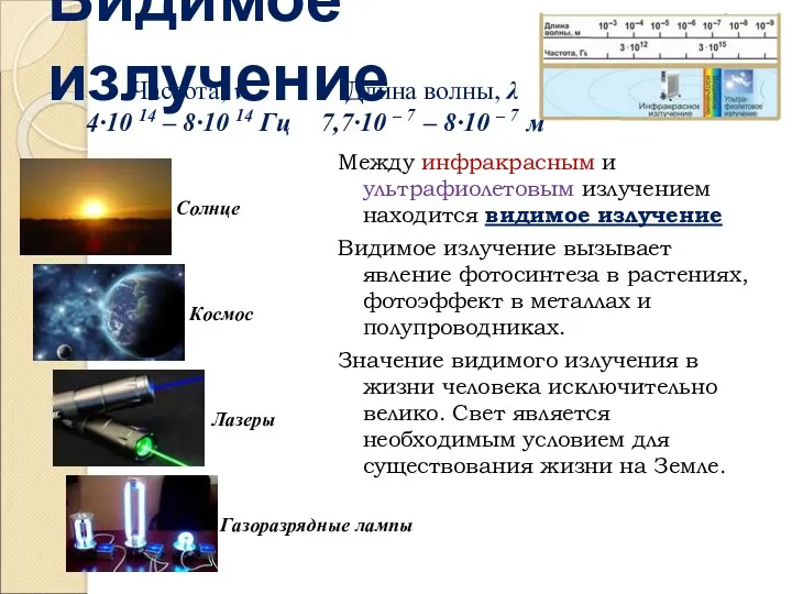 Видимое излучение Между инфракрасным и ультрафиолетовым излучением находится видимое излучение