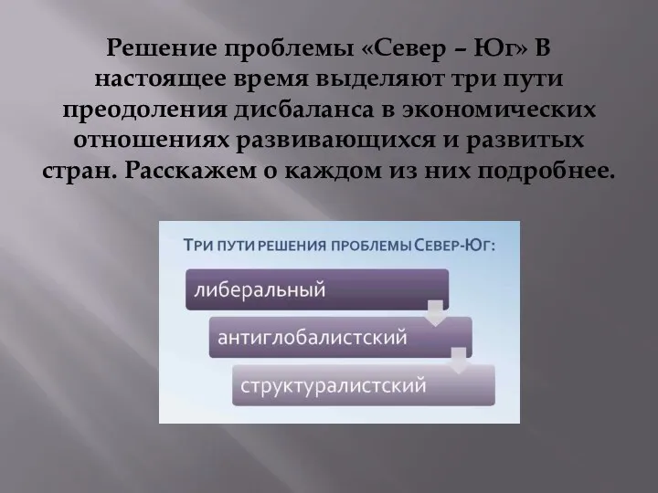 Решение проблемы «Север – Юг» В настоящее время выделяют три