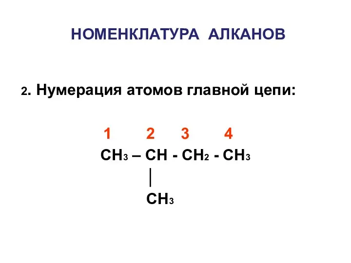 НОМЕНКЛАТУРА АЛКАНОВ 2. Нумерация атомов главной цепи: 1 2 3