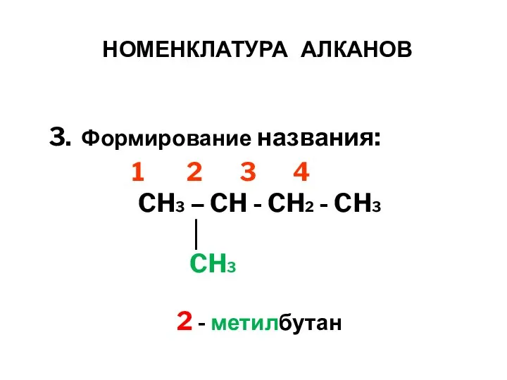 НОМЕНКЛАТУРА АЛКАНОВ 3. Формирование названия: 1 2 3 4 CH3