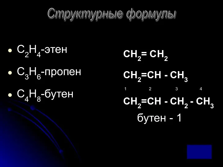 С2Н4-этен С3Н6-пропен С4Н8-бутен Структурные формулы СН2=СН - СН2 - СН3