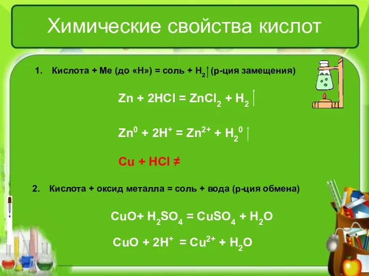 Химические свойства кислот Кислота + Ме (до «Н») = соль