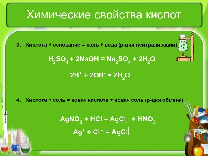 Химические свойства кислот Кислота + основание = соль + вода