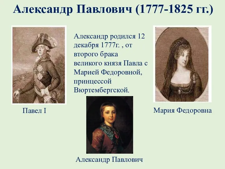 Александр Павлович (1777-1825 гг.) Александр родился 12 декабря 1777г. ,