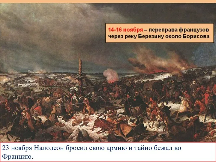 23 ноября Наполеон бросил свою армию и тайно бежал во Францию.