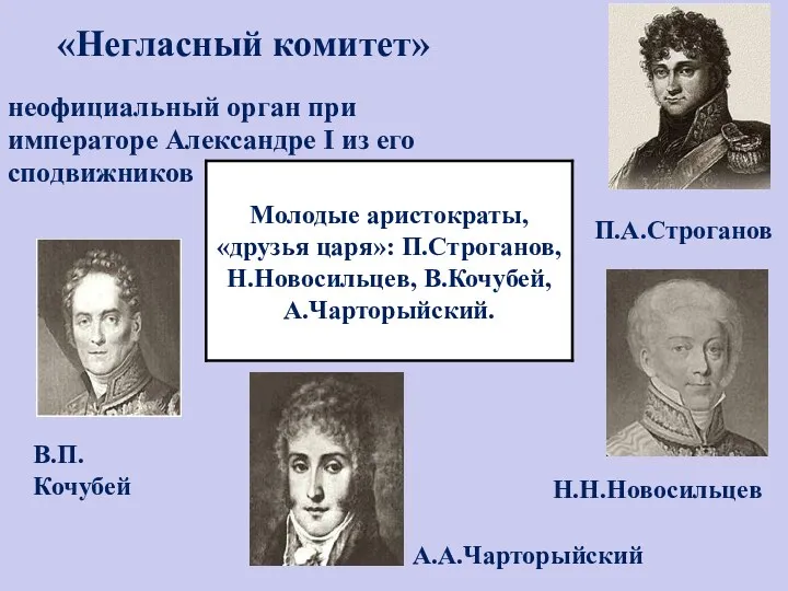 «Негласный комитет» неофициальный орган при императоре Александре I из его сподвижников П.А.Строганов А.А.Чарторыйский В.П.Кочубей Н.Н.Новосильцев