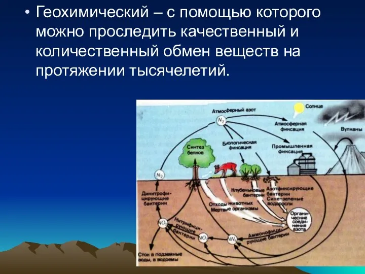 Геохимический – с помощью которого можно проследить качественный и количественный обмен веществ на протяжении тысячелетий.