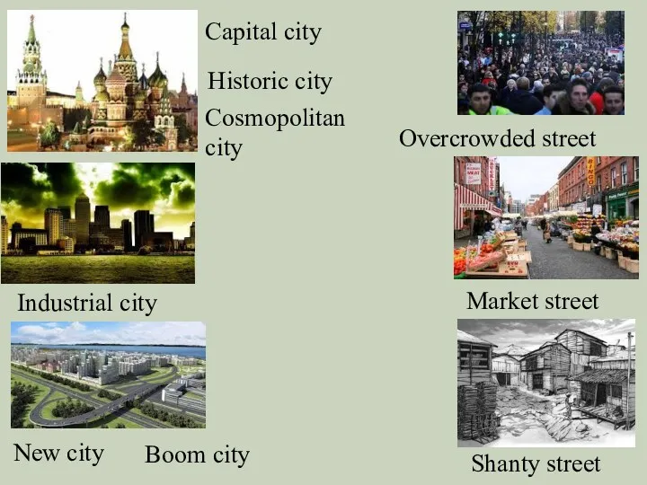 Industrial city Capital city Cosmopolitan city Overcrowded street Historic city
