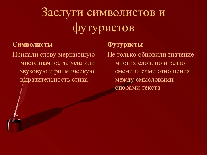 Заслуги символистов и футуристов Символисты Придали слову мерцающую многозначность, усилили