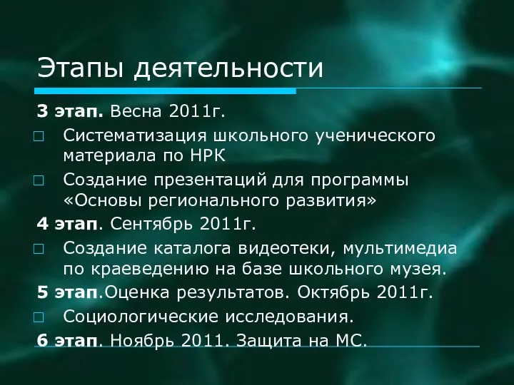 Этапы деятельности 3 этап. Весна 2011г. Систематизация школьного ученического материала