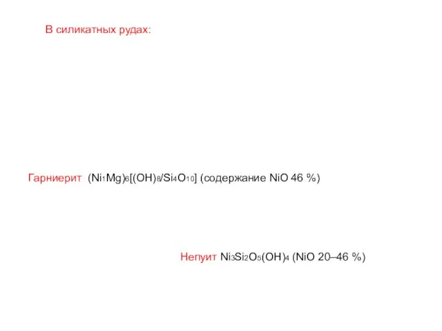 Гарниерит (Ni1Mg)6[(OH)8/Si4O10] (содержание NiO 46 %) Непуит Ni3Si2O5(OH)4 (NiO 20–46 %) В силикатных рудах: