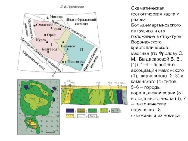 Схематическая геологическая карта и разрез Большемартыновского интрузива и его положение