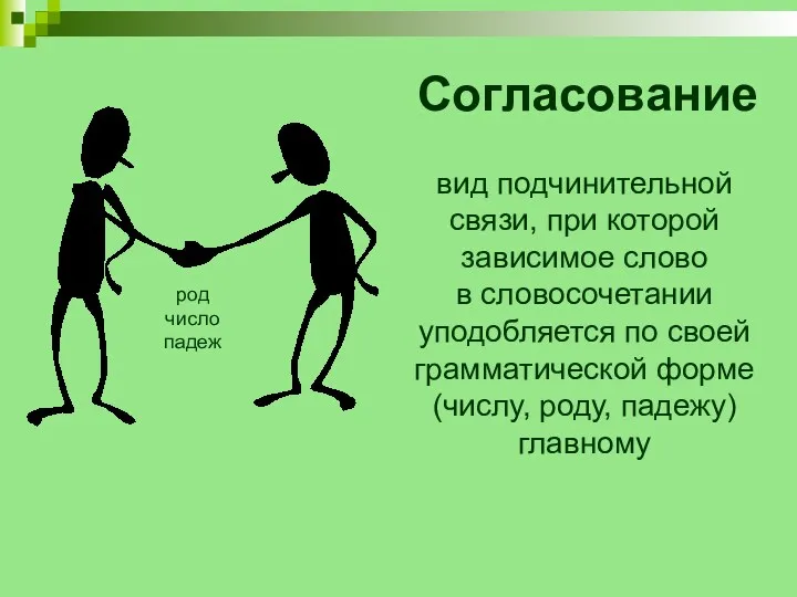 Согласование род число падеж вид подчинительной связи, при которой зависимое