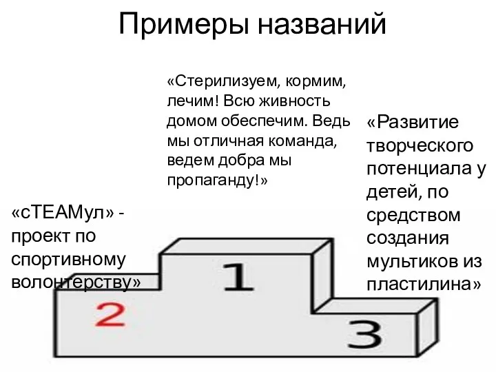 Примеры названий «Стерилизуем, кормим, лечим! Всю живность домом обеспечим. Ведь