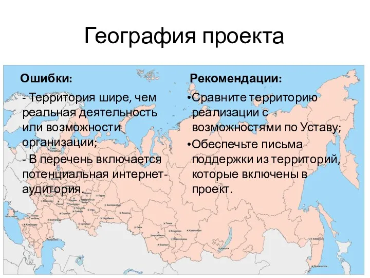 География проекта - Территория шире, чем реальная деятельность или возможности