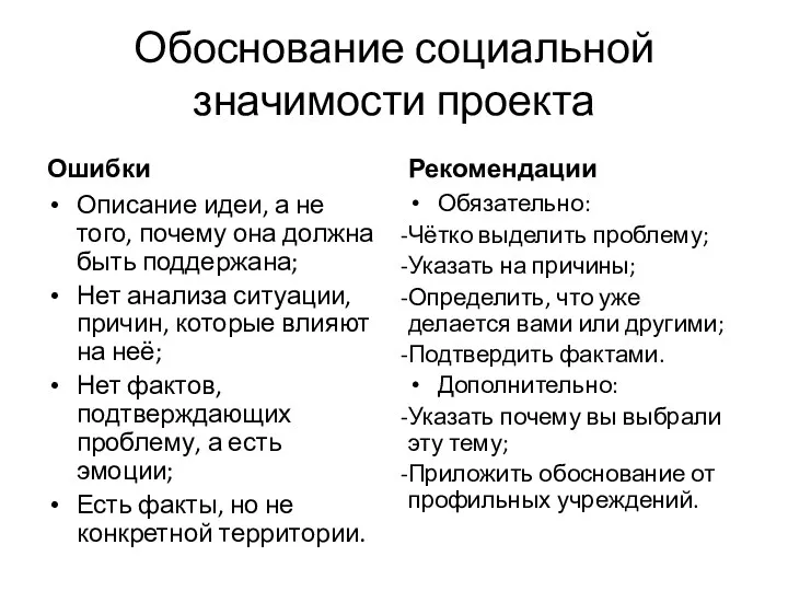 Обоснование социальной значимости проекта Ошибки Описание идеи, а не того,