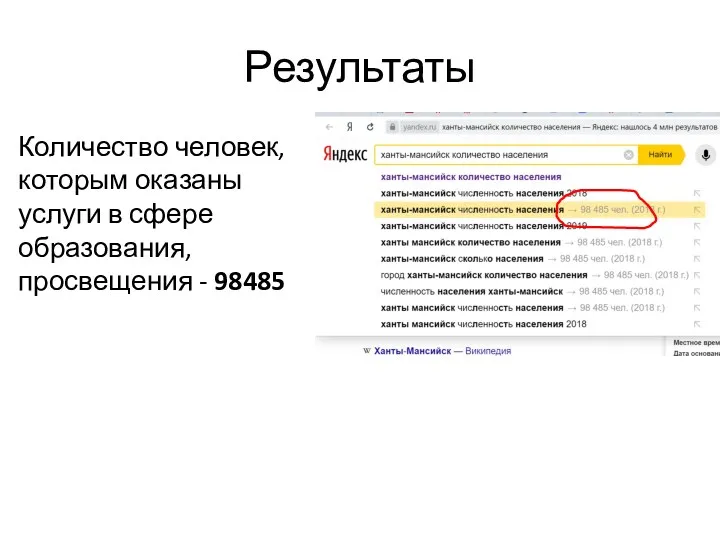 Результаты Количество человек, которым оказаны услуги в сфере образования, просвещения - 98485