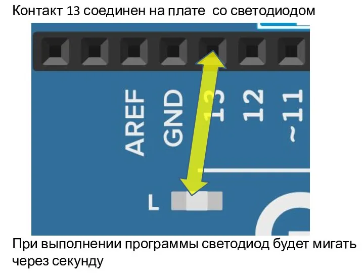 Контакт 13 соединен на плате со светодиодом При выполнении программы светодиод будет мигать через секунду