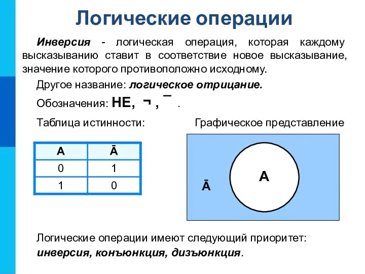 Инверсия - логическая операция, которая каждому высказыванию ставит в соответствие