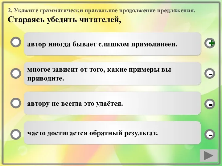 2. Укажите грамматически правильное продолжение предложения. Стараясь убедить читателей, автор