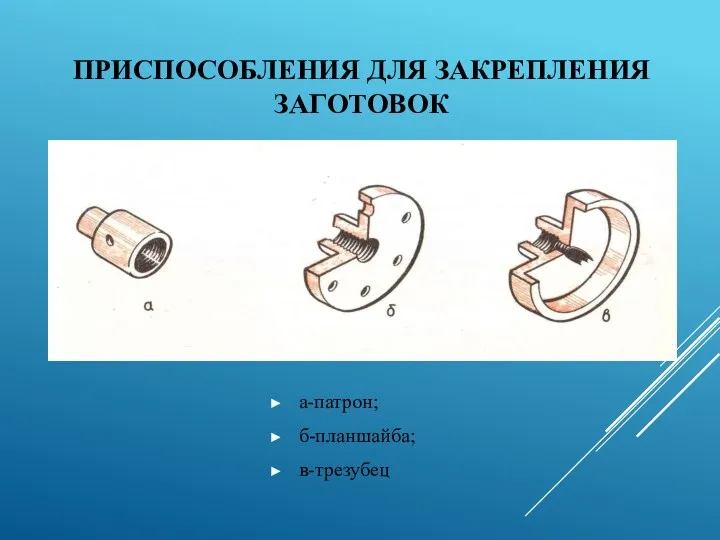 ПРИСПОСОБЛЕНИЯ ДЛЯ ЗАКРЕПЛЕНИЯ ЗАГОТОВОК а-патрон; б-планшайба; в-трезубец