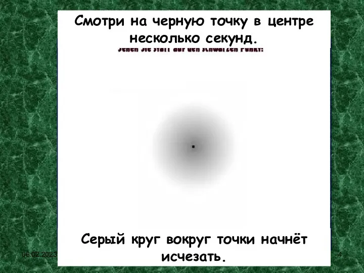 06.02.2023 Серый круг вокруг точки начнёт исчезать. Смотри на черную точку в центре несколько секунд.