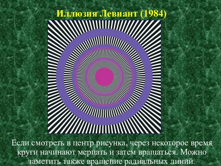 06.02.2023 Иллюзия Левиант (1984) Если смотреть в центр рисунка, через некоторое время круги