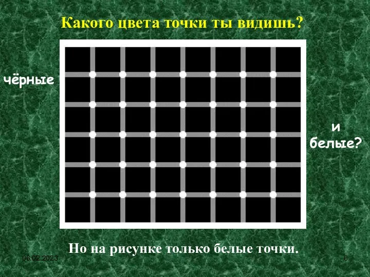 06.02.2023 Но на рисунке только белые точки. Какого цвета точки ты видишь? чёрные и белые?