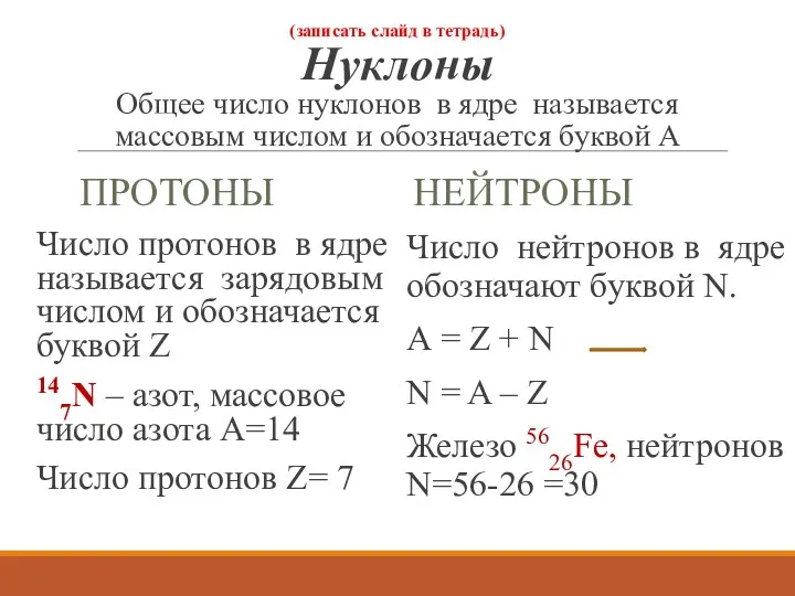 (записать слайд в тетрадь) Нуклоны Общее число нуклонов в ядре