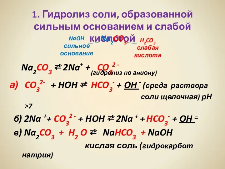 1. Гидролиз соли, образованной сильным основанием и слабой кислотой Na2CO3