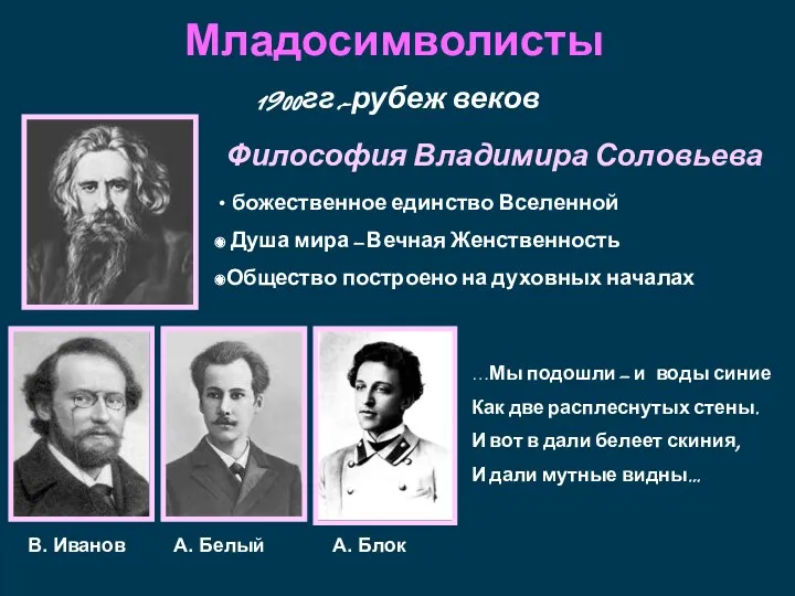 Младосимволисты 1900гг.-рубеж веков Философия Владимира Соловьева …Мы подошли – и