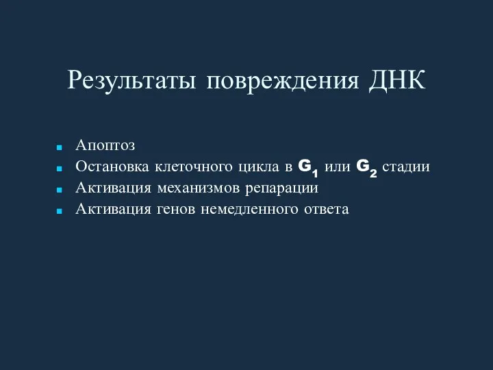 Результаты повреждения ДНК Апоптоз Остановка клеточного цикла в G1 или