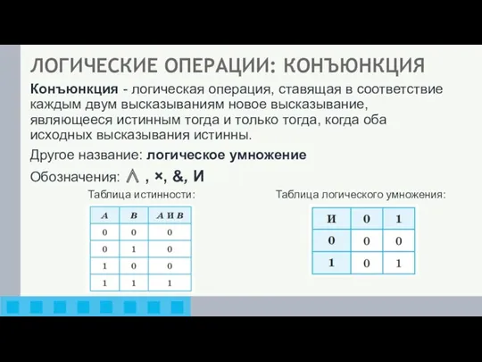 Конъюнкция - логическая операция, ставящая в соответствие каждым двум высказываниям