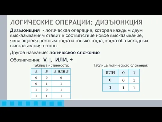 Дизъюнкция - логическая операция, которая каждым двум высказываниям ставит в