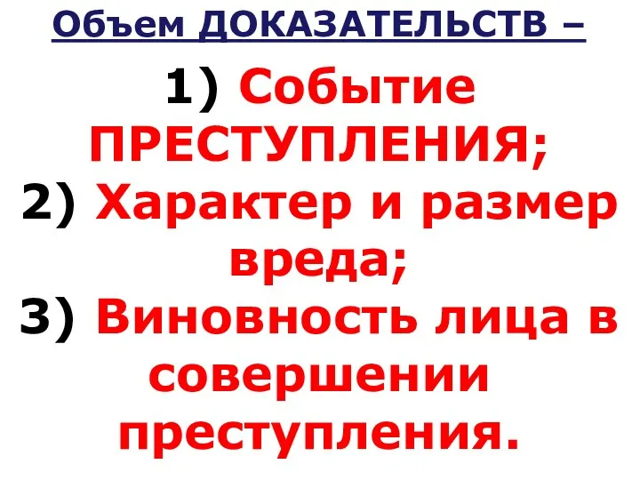 Объем ДОКАЗАТЕЛЬСТВ – 1) Событие ПРЕСТУПЛЕНИЯ; 2) Характер и размер