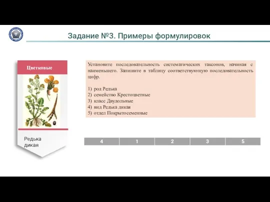 Задание №3. Примеры формулировок Установите последовательность систематических таксонов, начиная с