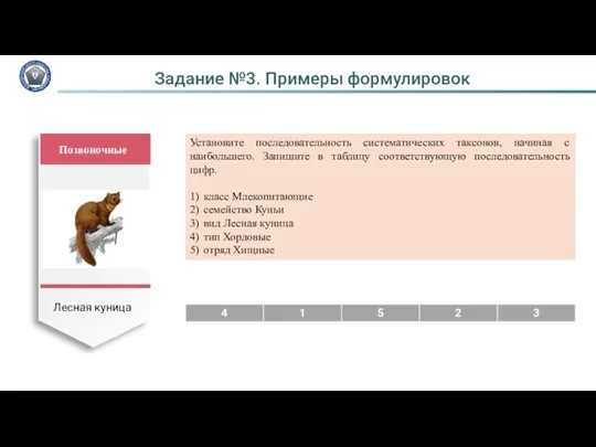 Задание №3. Примеры формулировок Позвоночные Лесная куница Установите последовательность систематических