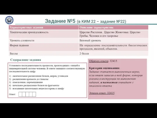 Содержание задания Образец ответа: 32415 Критерии оценивания: Задание считается выполненным