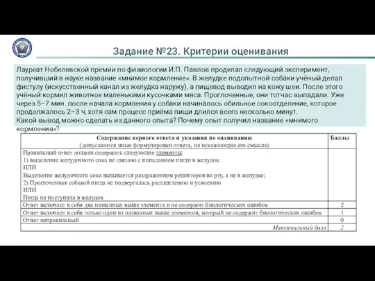 Задание №23. Критерии оценивания Лауреат Нобелевской премии по физиологии И.П.