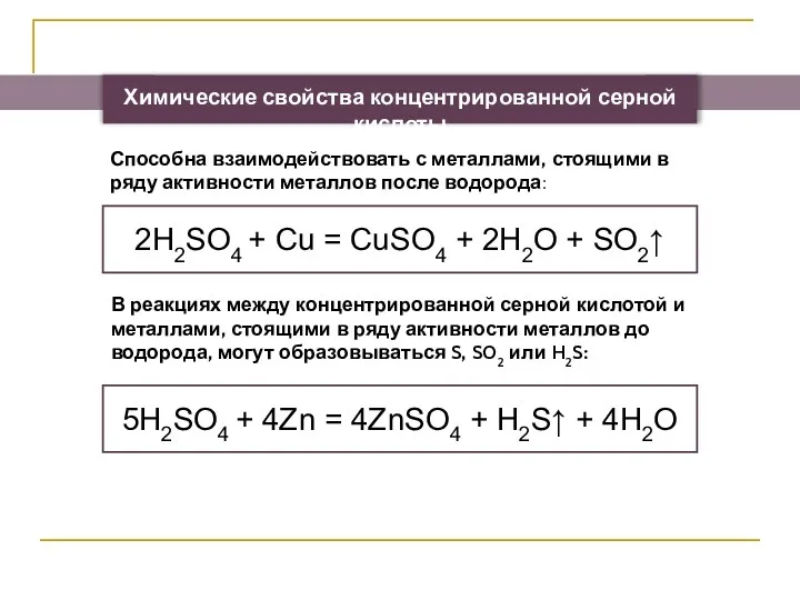 Химические свойства концентрированной серной кислоты 2H2SO4 + Cu = CuSO4