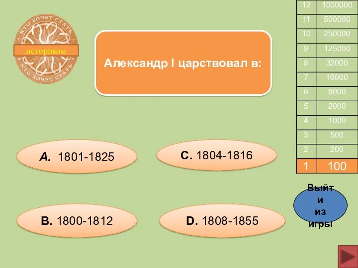 А. 1801-1825 С. 1804-1816 В. 1800-1812 D. 1808-1855 Александр I царствовал в: историком Выйти из игры